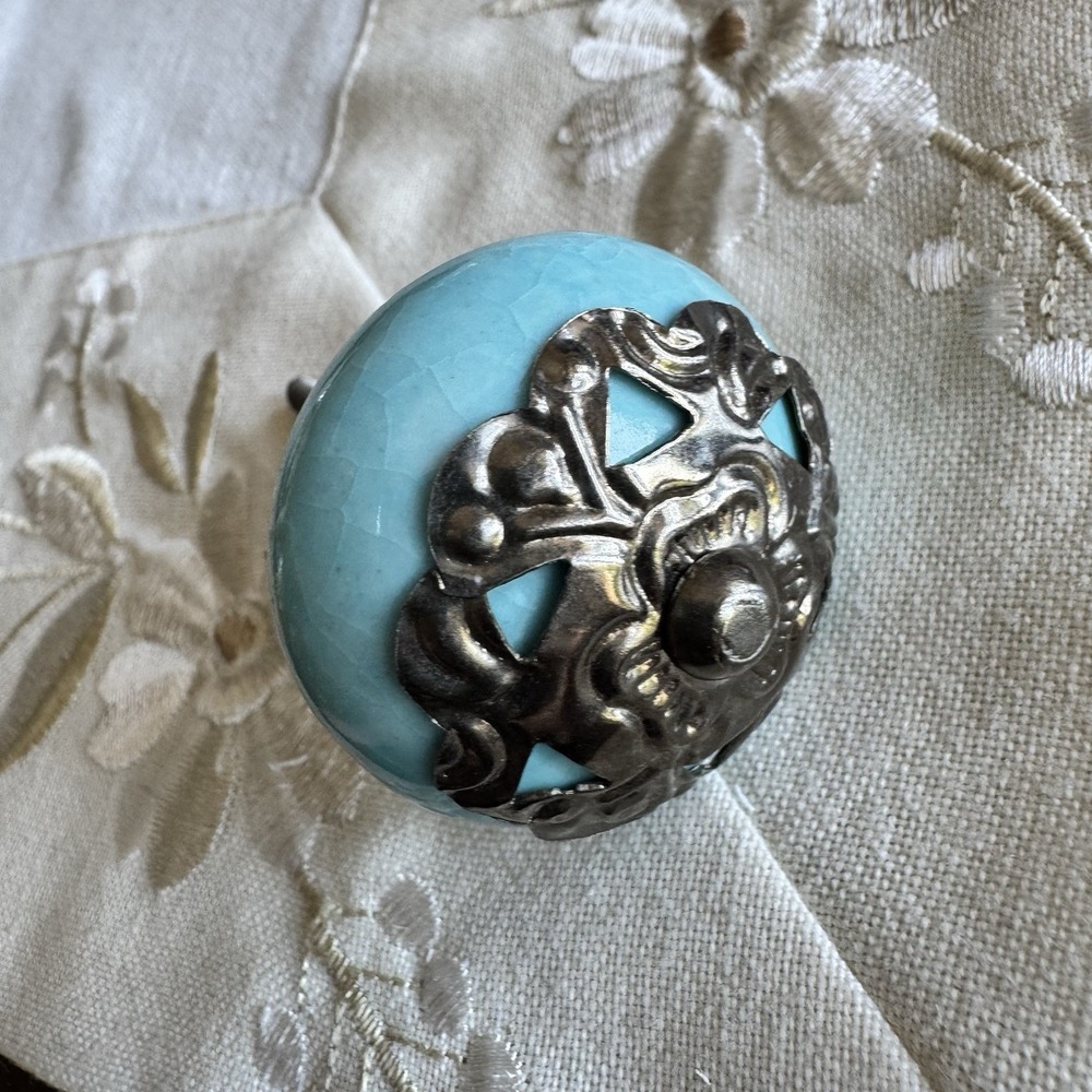 World Market Drawer Round Knob Blue Dresser Pull Cabinet Handle Ceramic Heavy